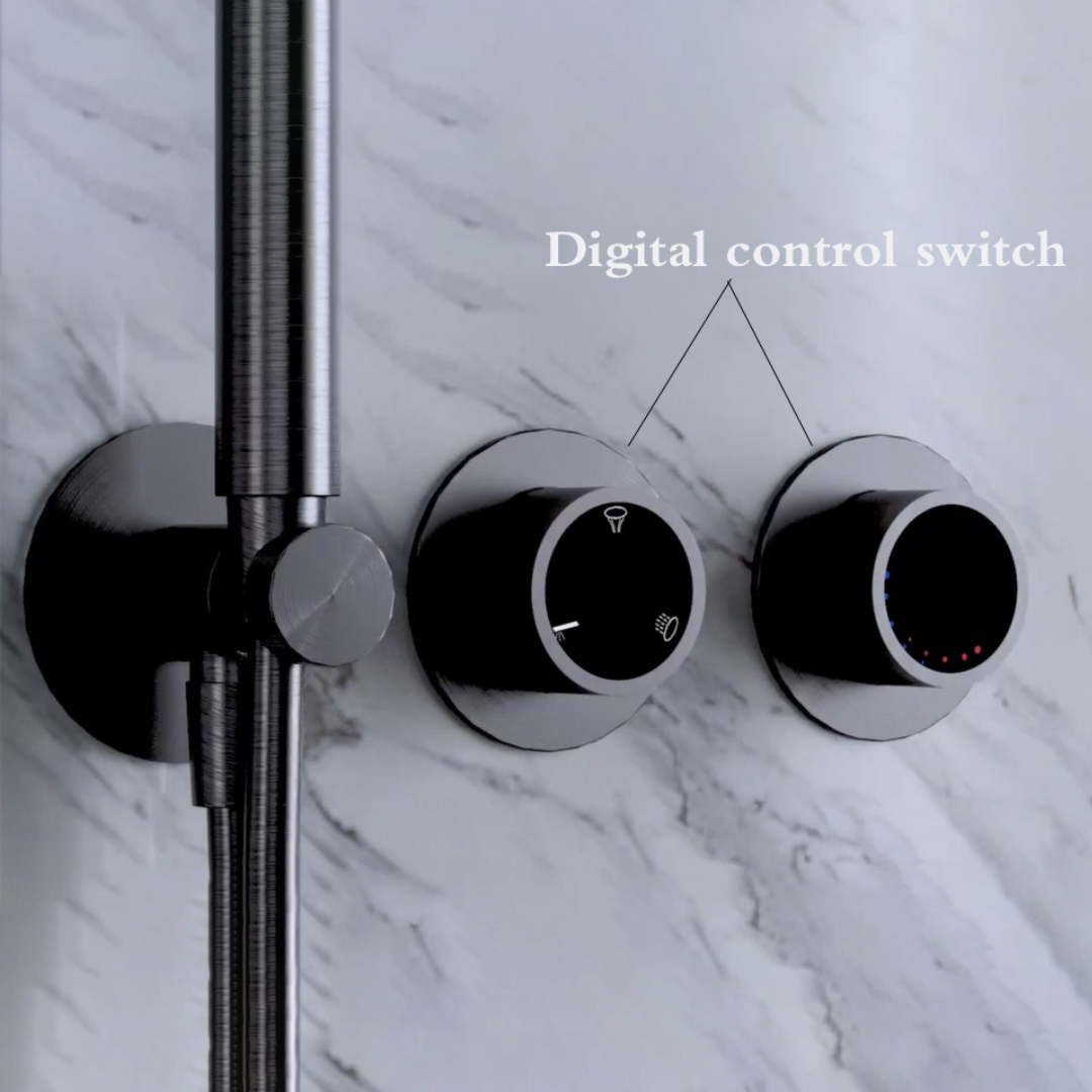 Ensemble de douche à effet pluie encastré thermostatique – Marino – Cascade & Douche à main – Régulation numérique – Chrome