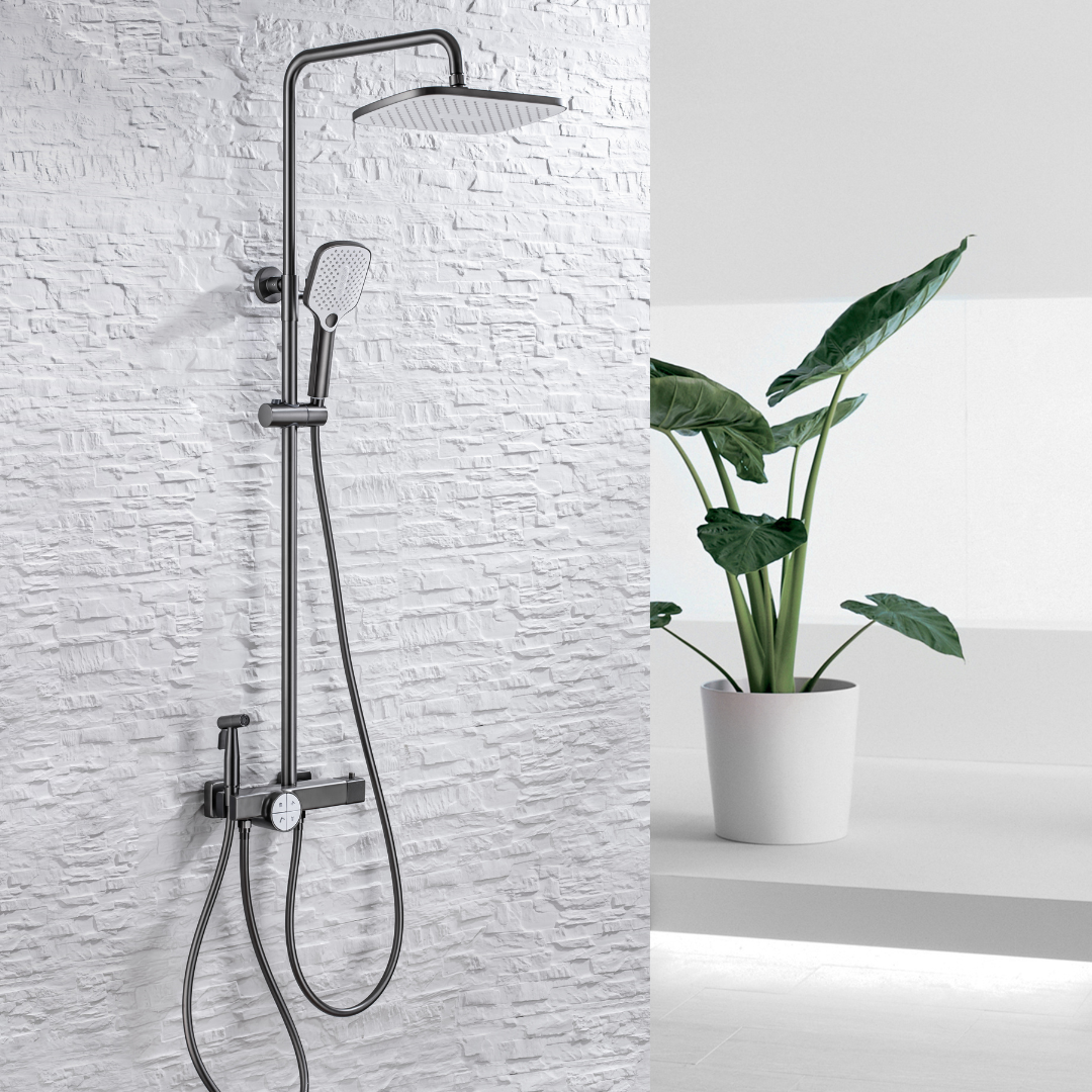 Ensemble de douche à effet pluie thermostatique - Angelo - Gris gunmetal