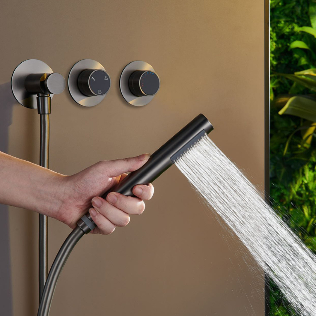 Ensemble de douche à effet pluie encastré thermostatique – Marino – Cascade & Douche à main – Régulation numérique – Chrome