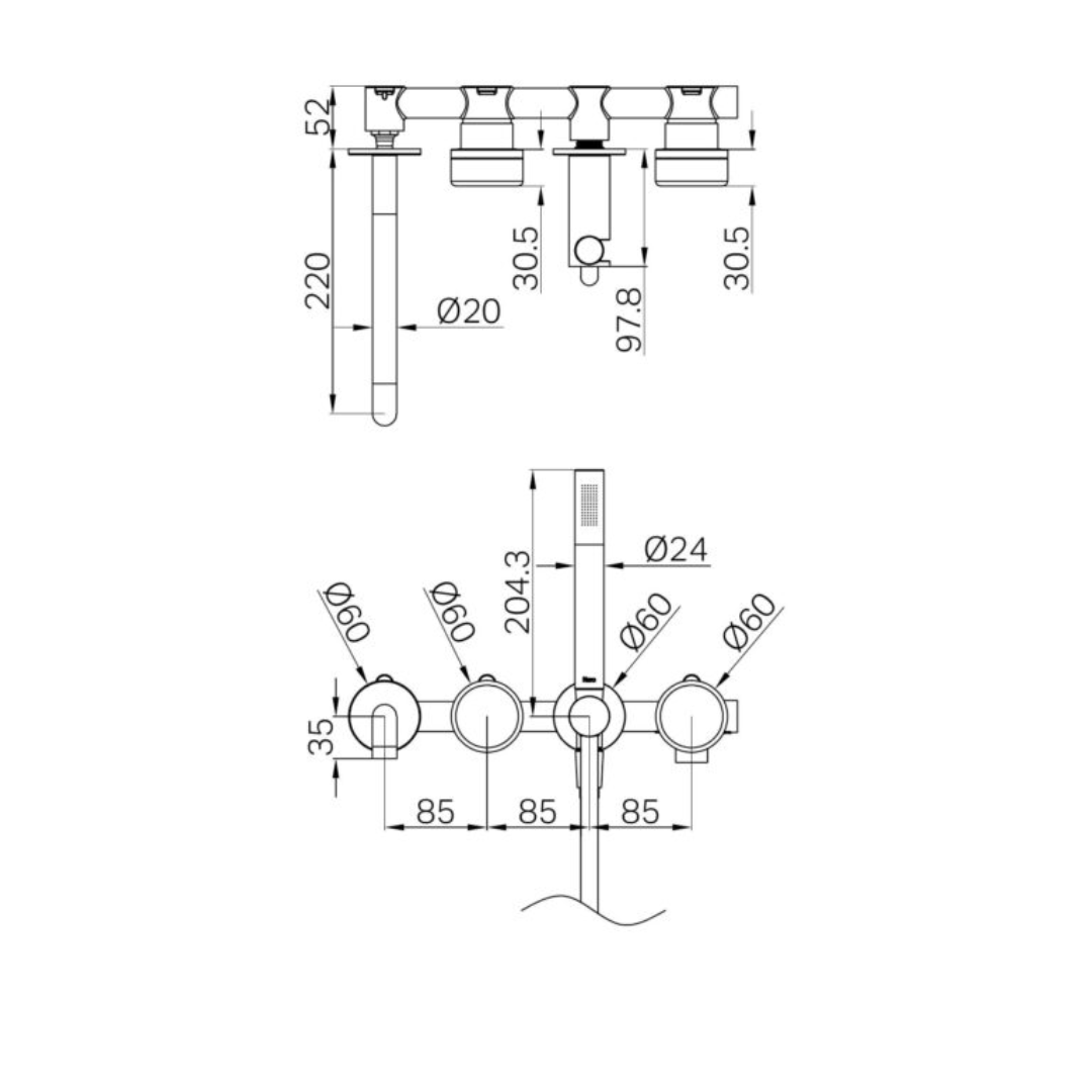 Robinet de baignoire encastré Sorrento - Travertin de Rome - Douche à main et sortie - Sans plaque arrière - Bronze brossé