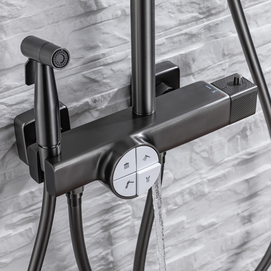 Ensemble de douche à effet pluie thermostatique - Angelo - Gris gunmetal