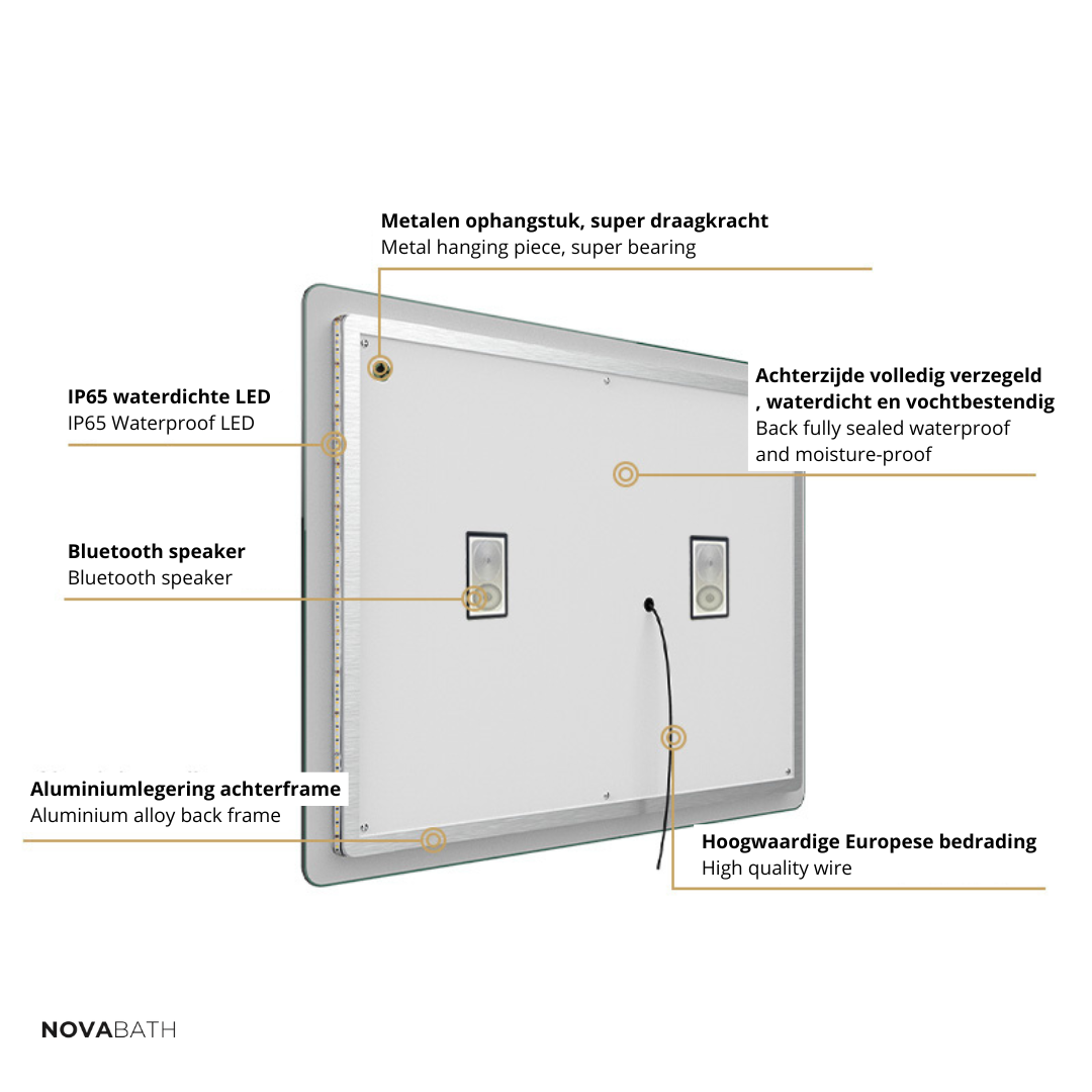 Miroir de salle de bain LED sur mesure Lori – Bluetooth & haut-parleurs – Horloge numérique – Miroir de grossissement – Chauffage anti-condensation