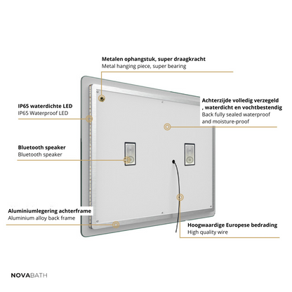 Miroir de salle de bain LED sur mesure Lori – Bluetooth & haut-parleurs – Horloge numérique – Miroir de grossissement – Chauffage anti-condensation