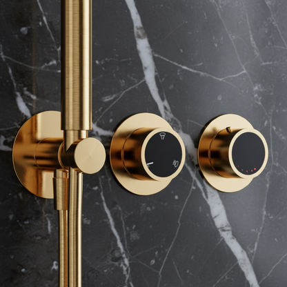 Ensemble de douche à effet pluie encastré thermostatique – Marino – Cascade & Douche à main – Régulation numérique – Or brossé