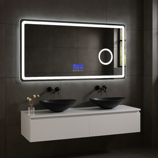 Miroir de salle de bain LED sur mesure Lori – Bluetooth & haut-parleurs – Horloge numérique – Miroir de grossissement – Chauffage anti-condensation