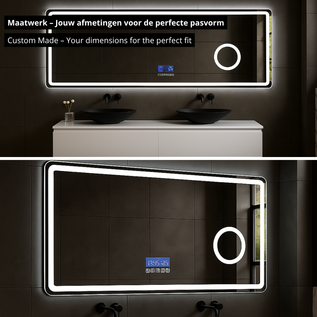 Miroir de salle de bain LED sur mesure Lori – Bluetooth & haut-parleurs – Horloge numérique – Miroir de grossissement – Chauffage anti-condensation