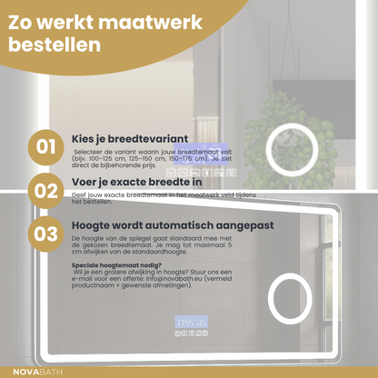 Miroir de salle de bain LED sur mesure Lori – Bluetooth & haut-parleurs – Horloge numérique – Miroir de grossissement – Chauffage anti-condensation