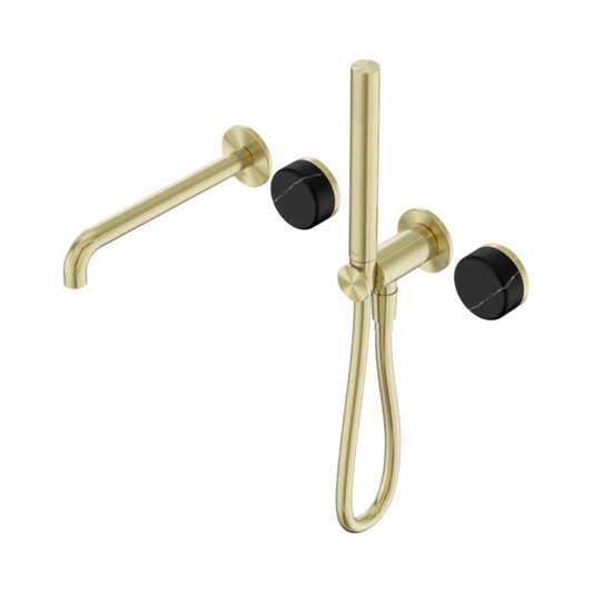 Robinet de bain encastré Sorrento - Marquina Noir - Douche à main et sortie - Sans plaque arrière - Or brossé