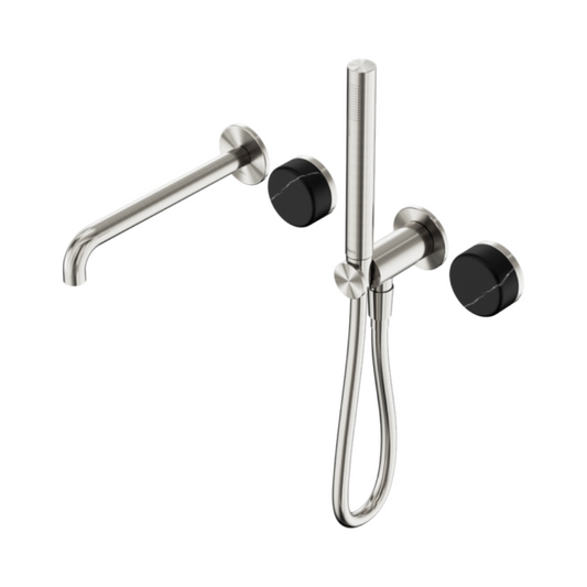Robinet de bain encastré Sorrento - Marquina Noir - Douche à main et sortie - Sans plaque arrière - Nickel brossé