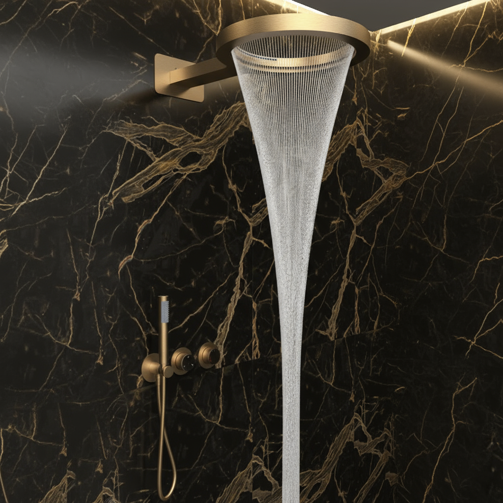 Ensemble de douche à effet pluie encastré thermostatique – Marino – Cascade & Douche à main – Régulation numérique – Or brossé