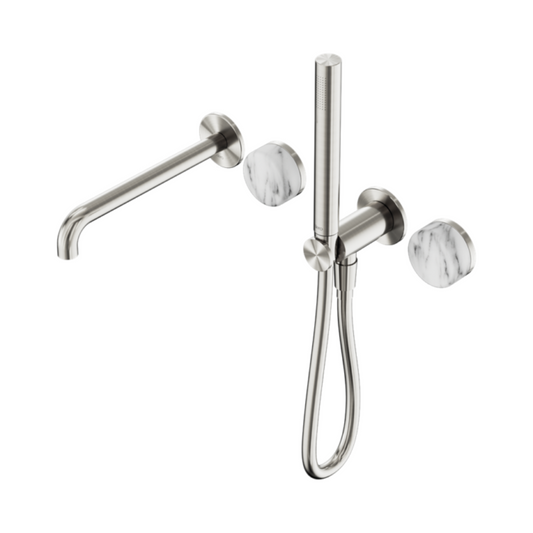 Robinet de baignoire encastré Sorrento - Arabescato Corchia - Douche à main et sortie - Sans plaque arrière - Nickel brossé