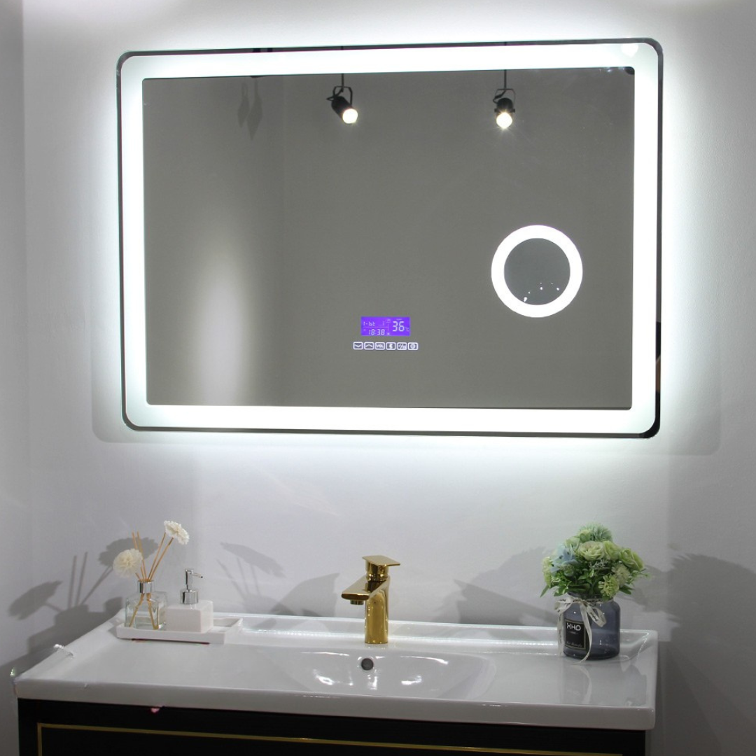 Miroir de salle de bain LED sur mesure Lori – Bluetooth & haut-parleurs – Horloge numérique – Miroir de grossissement – Chauffage anti-condensation
