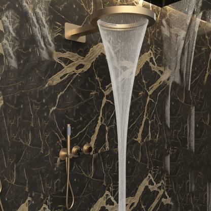 Ensemble de douche à effet pluie encastré thermostatique – Marino – Cascade & Douche à main – Régulation numérique – Or brossé