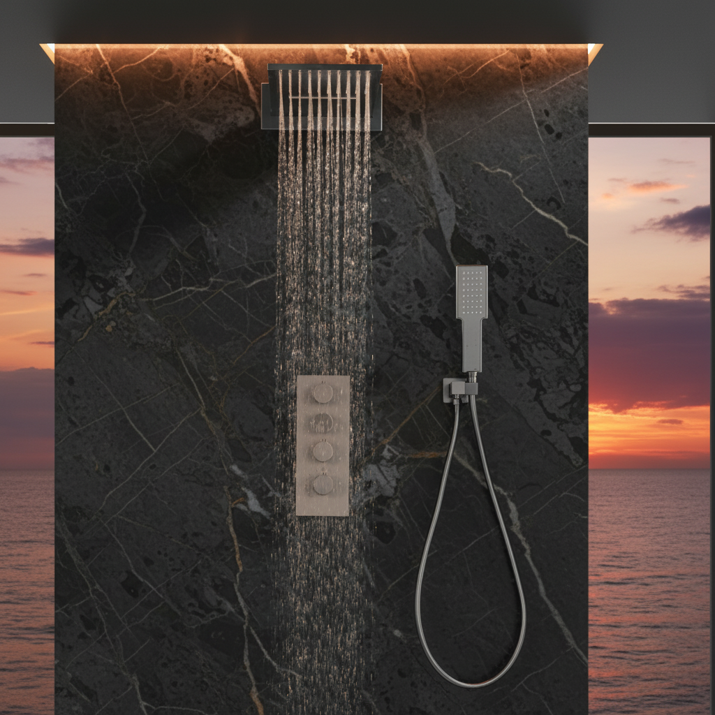 Ensemble de douche à effet pluie encastré thermostatique Isabella - Cascade - Gris gunmetal