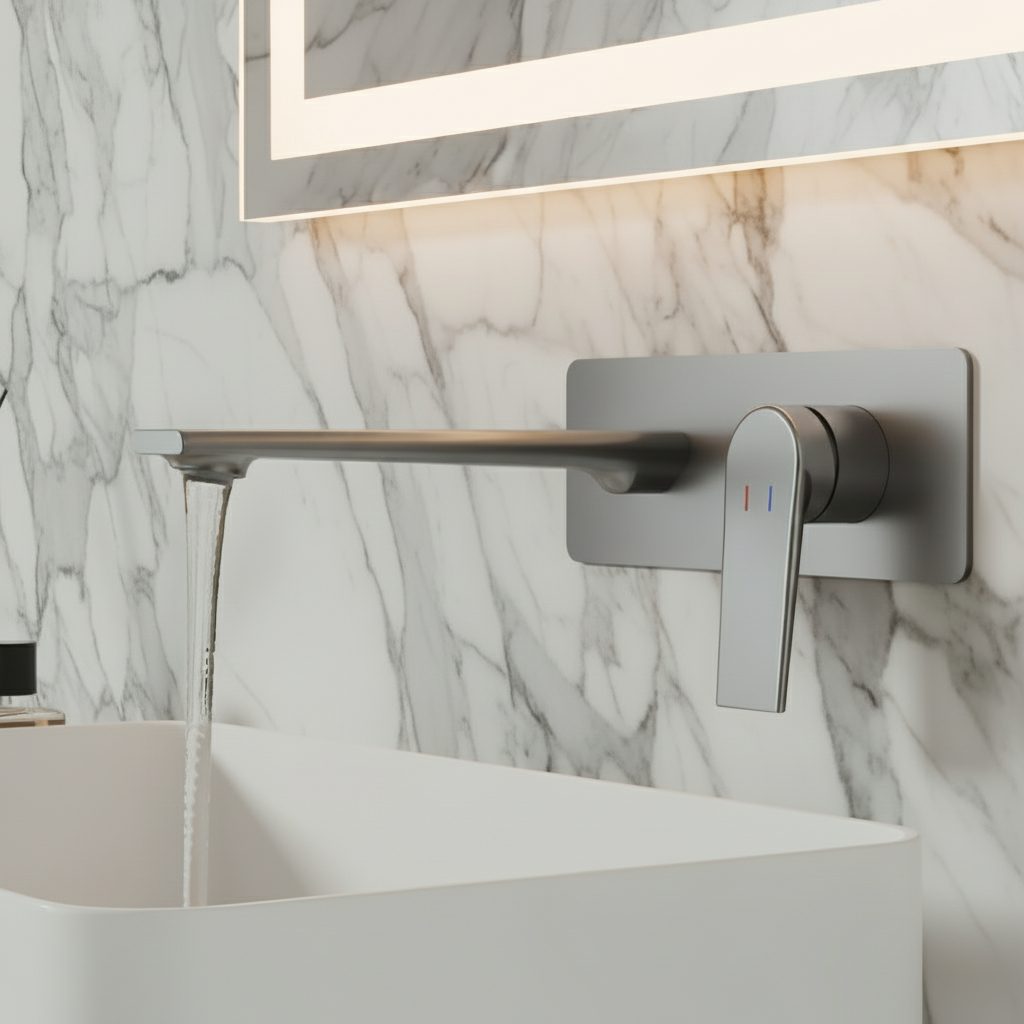 Robinet de baignoire indépendant Lisandro – Sortie d'eau en cascade – Nickel brossé