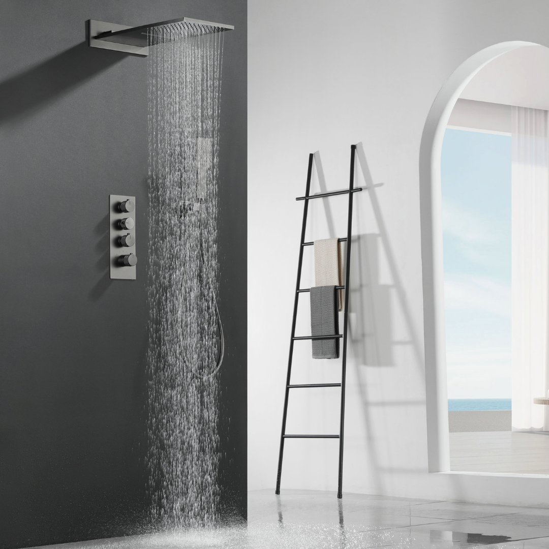 Ensemble de douche à effet pluie encastré thermostatique Isabella - Cascade - Gris gunmetal