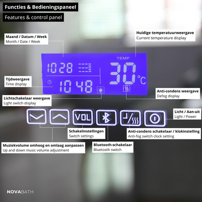 Miroir de salle de bain LED sur mesure Lori – Bluetooth & haut-parleurs – Horloge numérique – Miroir de grossissement – Chauffage anti-condensation