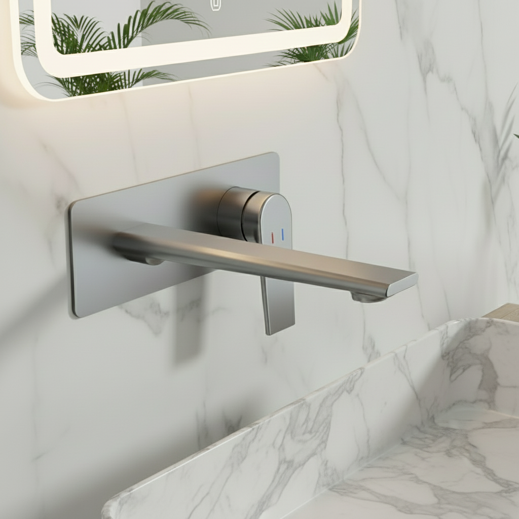 Robinet de baignoire indépendant Lisandro – Sortie d'eau en cascade – Nickel brossé