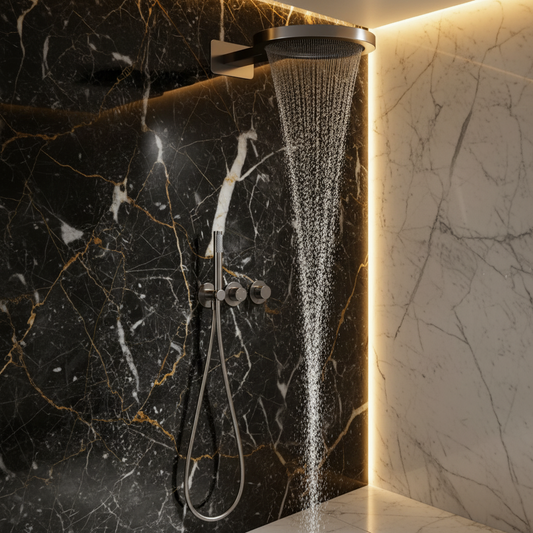 Ensemble de douche à effet pluie encastré thermostatique – Marino – Cascade & Douche à main – Régulation numérique – Chrome