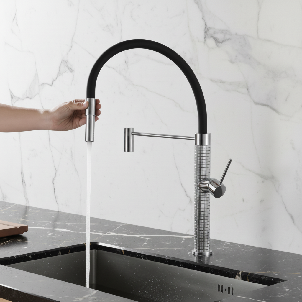 Robinet de cuisine semi-professionnel Angelica – Bec rétractable – Gris gunmetal