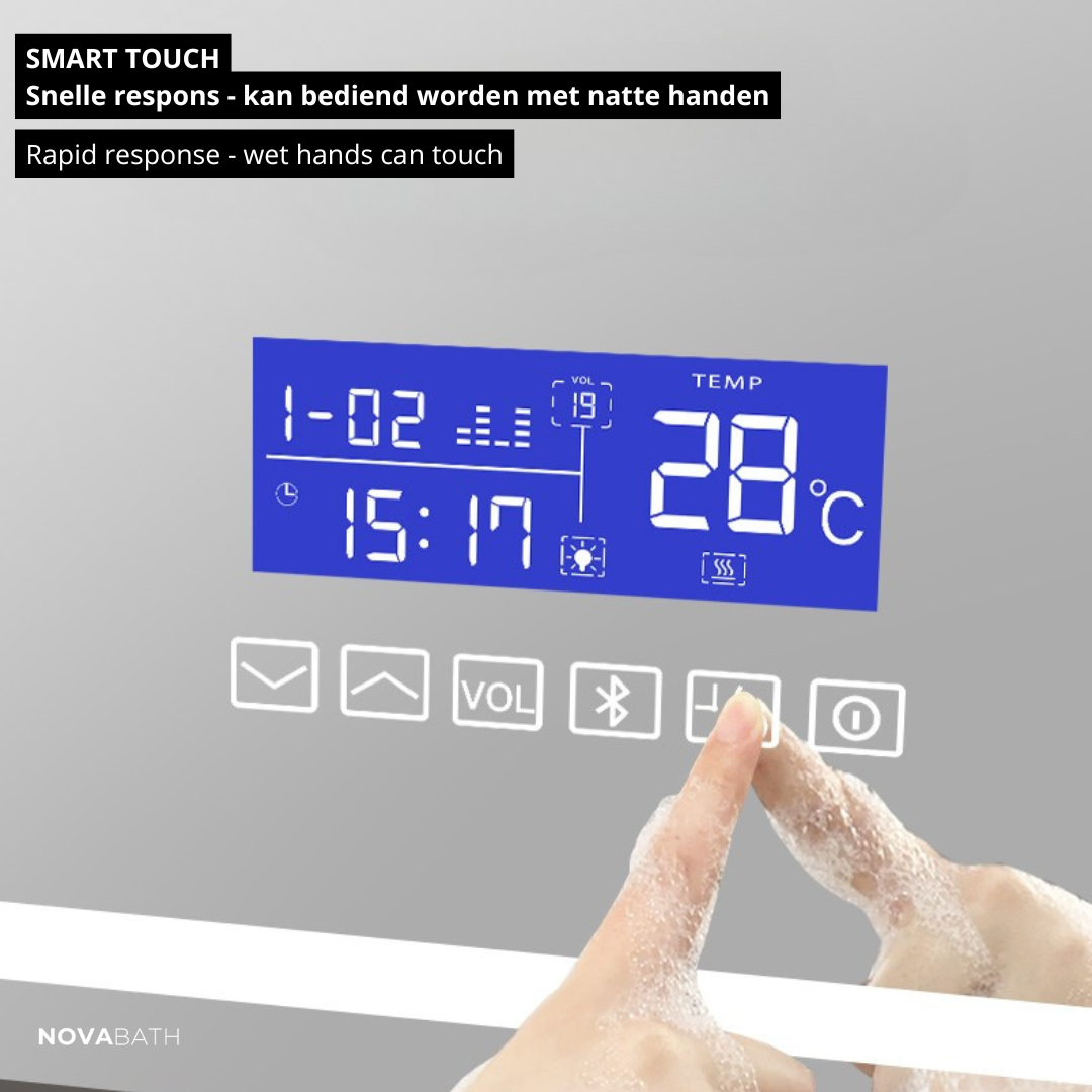 Miroir de salle de bain LED sur mesure Lori – Bluetooth & haut-parleurs – Horloge numérique – Miroir de grossissement – Chauffage anti-condensation