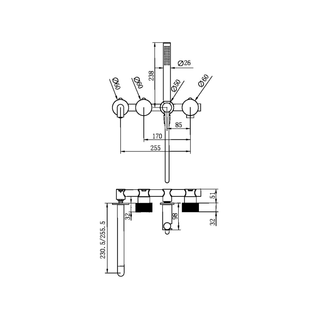 Robinet de bain encastré Valencia - Douche à main et sortie - Sans plaque arrière - Graphite