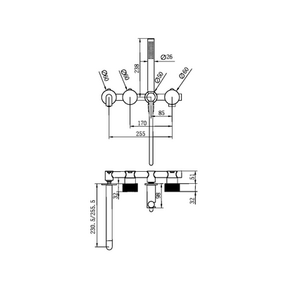 Robinet de bain encastré Valencia - Douche à main et sortie - Sans plaque arrière - Graphite