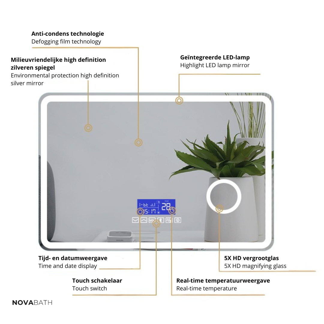 Miroir de salle de bain LED sur mesure Lori – Bluetooth & haut-parleurs – Horloge numérique – Miroir de grossissement – Chauffage anti-condensation
