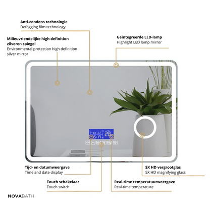 Miroir de salle de bain LED sur mesure Lori – Bluetooth & haut-parleurs – Horloge numérique – Miroir de grossissement – Chauffage anti-condensation