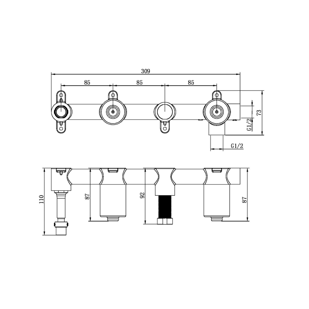 Robinet de bain encastré Valencia - Douche à main et sortie - Sans plaque arrière - Graphite