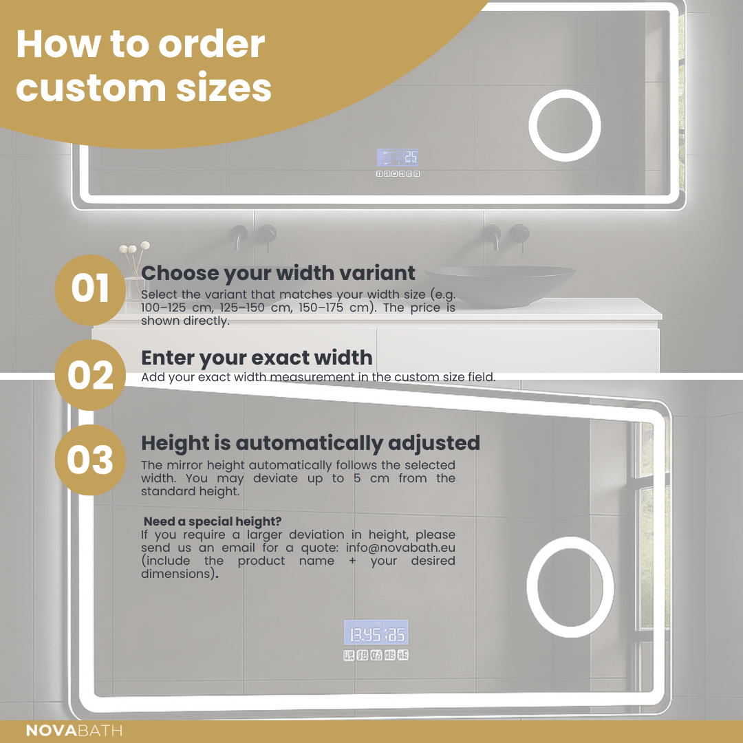 Miroir de salle de bain LED sur mesure Lori – Bluetooth & haut-parleurs – Horloge numérique – Miroir de grossissement – Chauffage anti-condensation