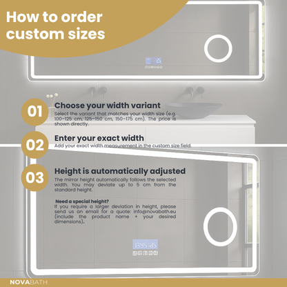 Miroir de salle de bain LED sur mesure Lori – Bluetooth & haut-parleurs – Horloge numérique – Miroir de grossissement – Chauffage anti-condensation