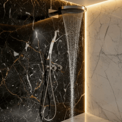 Ensemble de douche à effet pluie encastré thermostatique – Marino – Cascade & Douche à main – Régulation numérique – Chrome