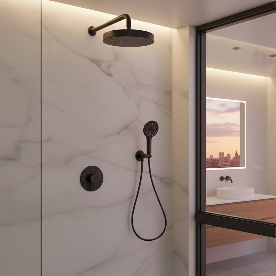 Ensemble de douche à effet pluie encastré Amalia - Noir mat