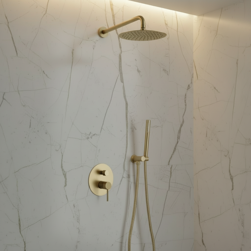 Inbouw Regendoucheset Angelica – Staafhanddouche – Geborsteld goud