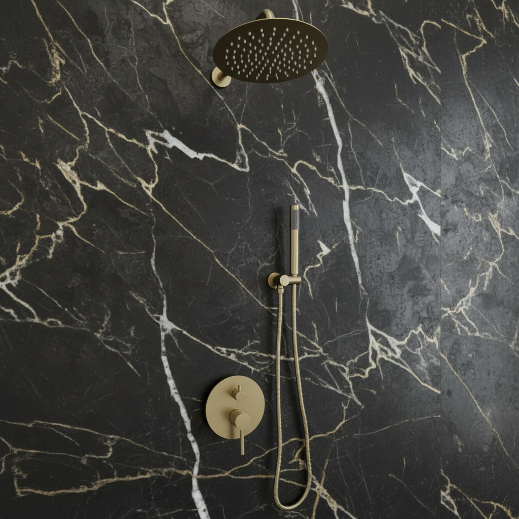 Inbouw Regendoucheset Angelica – Staafhanddouche – Geborsteld goud