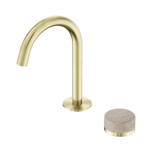 Robinet de lavabo encastré Sorrento – Travertin de Rome - 2 trous - Bec courbé - Or brossé