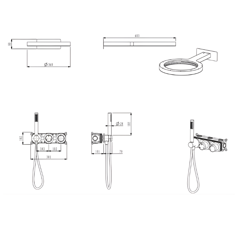 Ensemble de douche à effet pluie encastré thermostatique – Marino – Cascade & Douche à main – Régulation numérique – Chrome